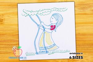 Happy Girl Swinging on Swing Sketch Embroidery