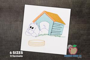 Cute Dog in Dog House Sketch Embroidery