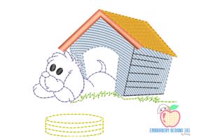 Cute Dog in Dog House Sketch Embroidery