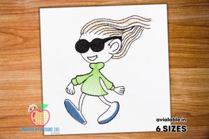 A Cool Kid As The Cartoon Walking Sketch Embroidery