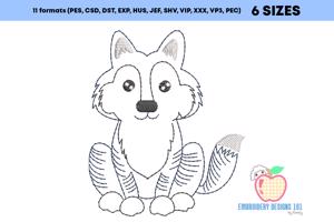 Cute Sitting Baby Wolf Sketch Embroidery