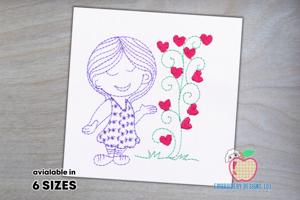 Girl Showing Love Tree Sketch Embroidery