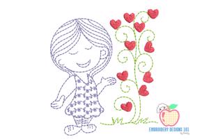 Girl Showing Love Tree Sketch Embroidery