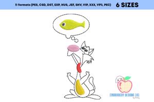 Cat As The Cartoon Thinking Of Fish Sketch Embroidery