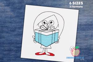 A Cartoon Girl Holding A Gift Sketch Embroidery