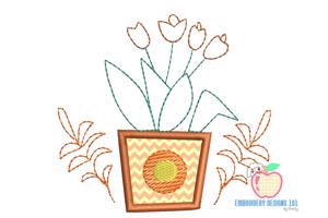 Designed Pot Of Flowers Embroidery Design