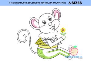 Cartoon Mouse Sitting With A Flower In Hands Sketch Embroidery