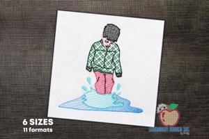 Boy Jumping in mud puddle and Fun rainy day Sketch Embroidery