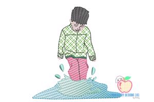 Boy Jumping in mud puddle and Fun rainy day Sketch Embroidery