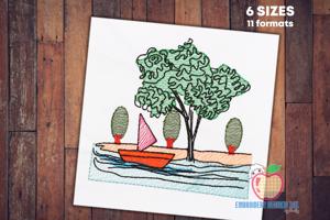 Sailing Boat in the Sea Sketch Embroidery