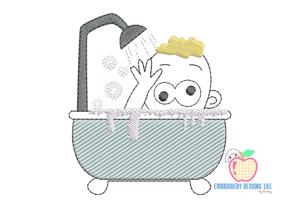 V A Little Baby Boy Peeking over the Top of a Bath Tub Sketch Embroidery