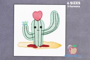 Valentine Cactus With Heart  Sketch Embroidery