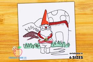Gnome Standing Outside of Castle Sketch Embroidery