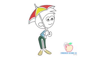 A Boy With The Umbrella In Rain Sketch Embroidery