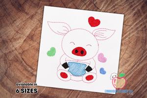 Cute Cheerful Baby Pig Sketch Embroidery