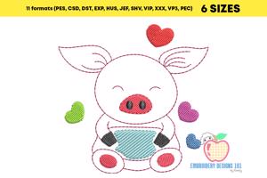 Cute Cheerful Baby Pig Sketch Embroidery