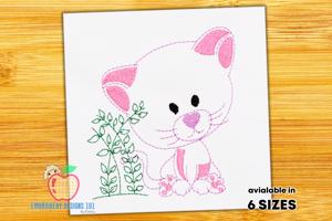 Cute Cartoon Cat With Branch Sketch Embroidery